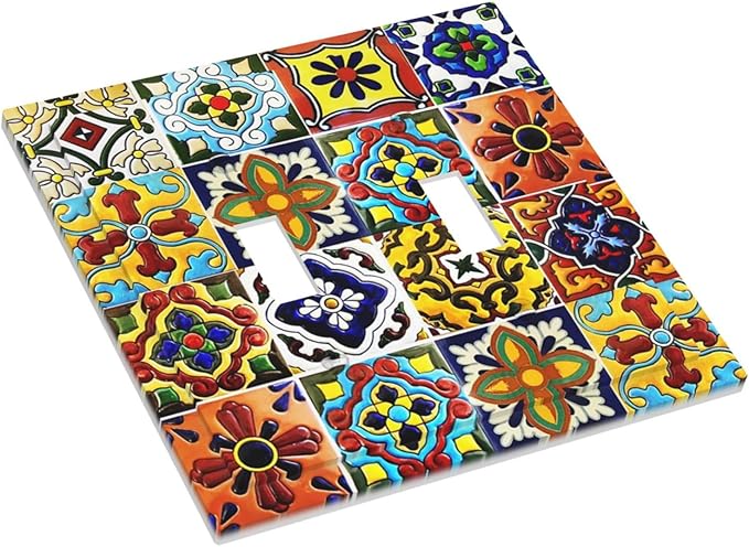 Yellow Vintage Mexican Moroccan Talavera Tile 2 Gang Outlet Light Switch Cover Orange Boho Mosaic Ceramics Tiles Double Toggle Electrical Outlet Covers Decorative Dual Device Switch Face Wall Plate