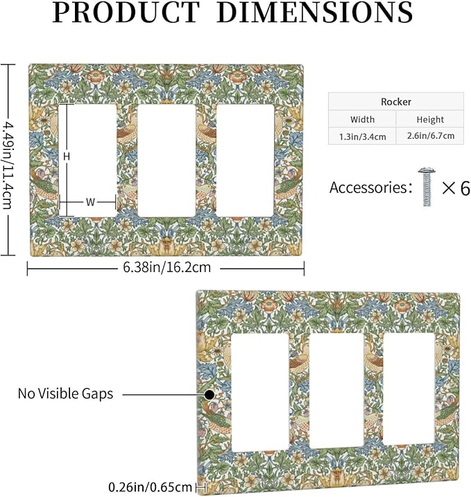 William Morris Strawberry Thrush Birdsl Triple Rocker Light Switch Cover Vintage Floral Flowers Plant 3 Gang Rocker Outlet Covers Decorative Electrical Wall Plate for Bedroom Living Room Décor
