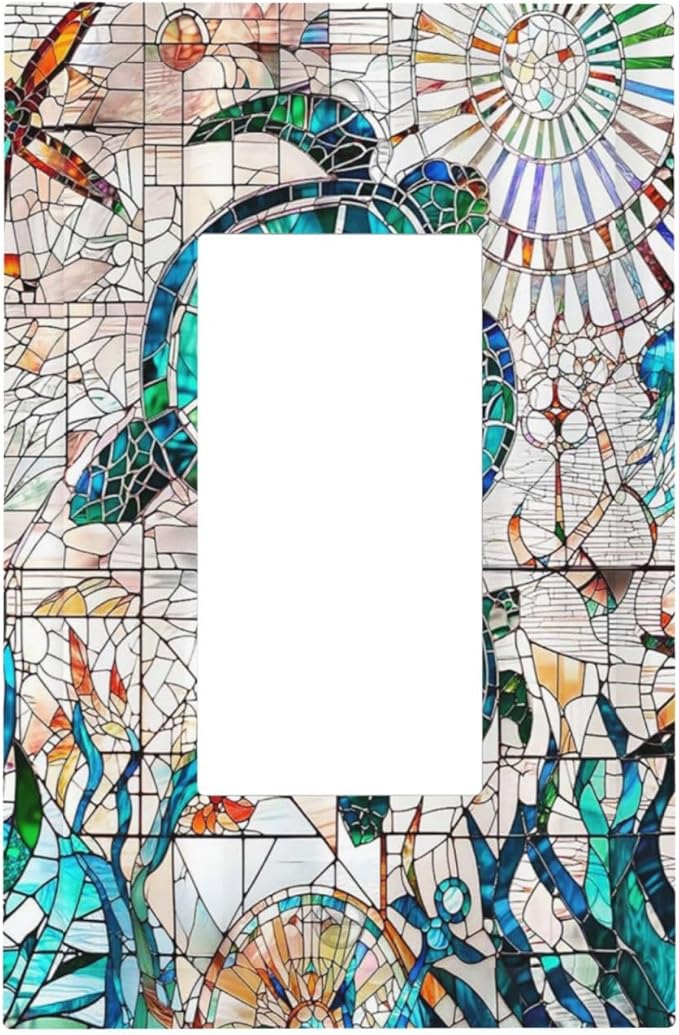 Nautical Green/Blue Sea Ocean Turtle Beach 1-Gang Decorator Rocker Outlet Light Switch Cover Summer Hawaiian Marine Starfish Decorative Single Device GFCI Receptacle Switch Wall Plate Dimmer Mid Size