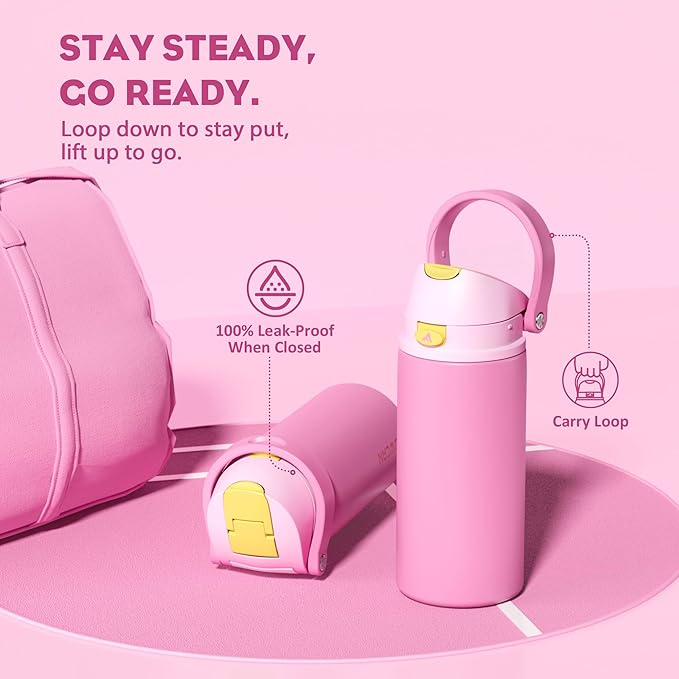 POWCAN 18 oz Steel Water Bottle: 2-in-1 Push-Button Spout & Quick-Flip Straw, Leakproof, Cold 24Hrs, Fits Car Cup Holder, Insulated Cup for Sports, Travel, School, Gift for Women, Girls (Rose Slumber)