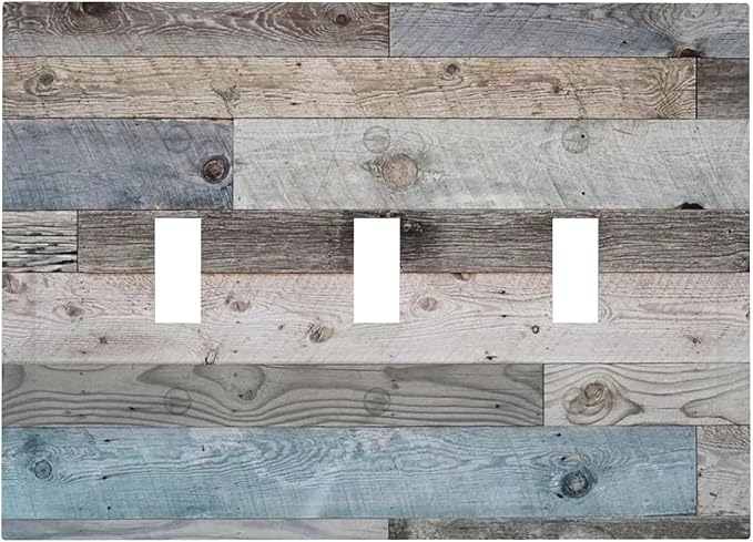 Vintage Kitchen Blue/Grey Wood Wooden 3 Gang Outlet Light Switch Triple Toggle Wall Plate Cover Cabin Barn Door Rustic Country Three Device Decorative Jumbo Size Decorator Receptacle Face Wallplate