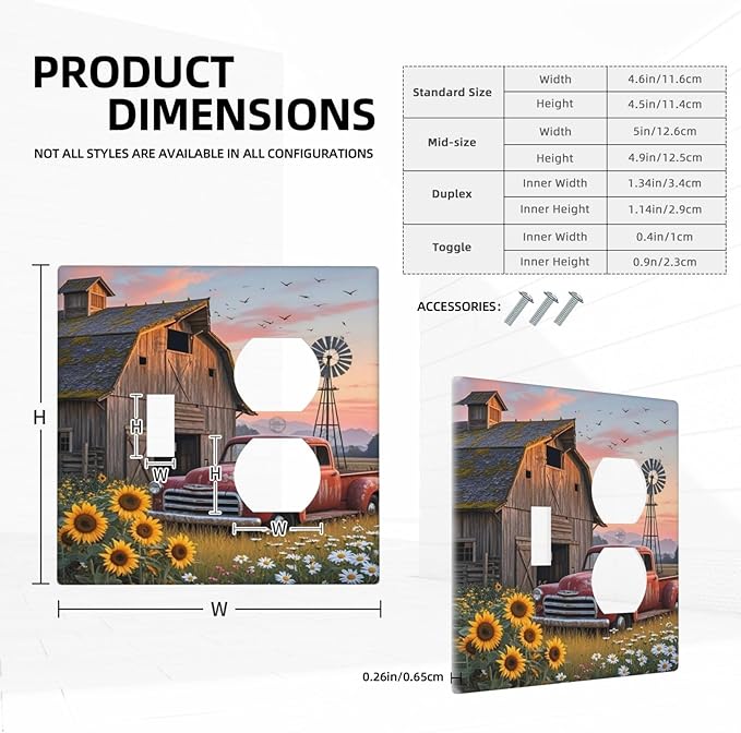 Rustic Barn Red Truck Windmill Sunflower Wallplates 1 Toggle 1 Duplex Switch Plate Electrical GFCI Faceplate Decorative Light Switch Covers for Farmhouse Home Decor
