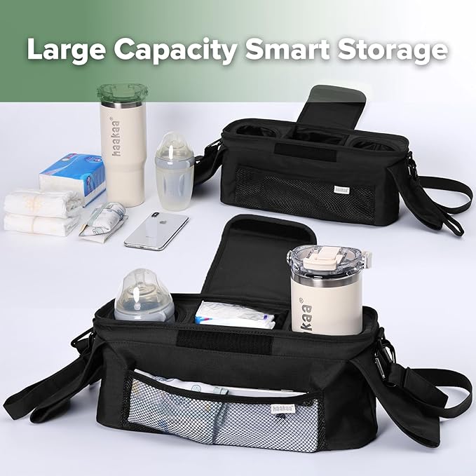 haakaa Stroll & Go Organiser - 2 Cup Holders - Black, Ultimate Stroller Organizer Universal Fit with Adjustable Non-Slip Straps & Hooks, Stroller Caddy Accessories with Shoulder Strap