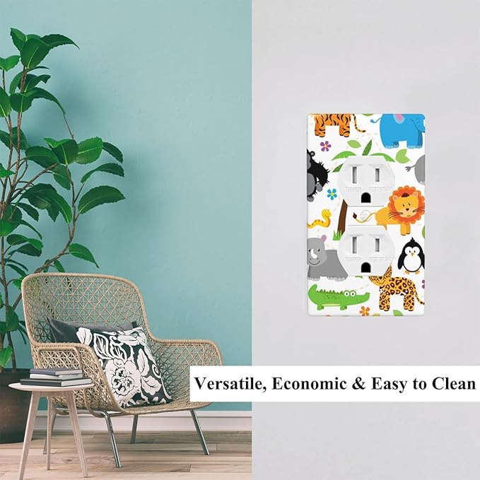 Cartoon Jungle Safari Animals Outlet Covers Colorful Elephant Giraffe Lion Woodland Wildlife Duplex Receptacle Wall Plate Standard 1-Gang 4.5" X 2.76" for Boys Girls Room