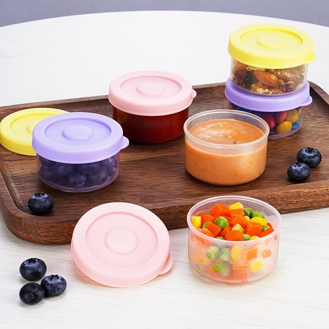 NiHome 12-Pack 2oz Plastic Containers with Lids, BPA-Free Snack & Baby Food Storage Cups, Leak-Resistant, Stackable, Microwave & Freezer Safe, Measurement Marks for Portion Control (3 Macaron Colors)