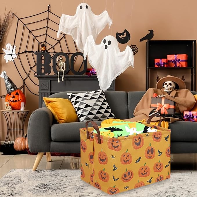 Rectangular Halloween Basket,Trick or Treat Basket for Boys and Girls,Waterproof collapsible storage box,Halloween Decor,Gift box(Halloween pumpkin)