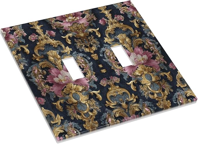 Decorative Light Switch Cover Plate Rococo Pink Floral Flower Gold Leaf 2 Gang Outlet Covers Double Toggle Wall Plates for Electrical Outlets Switch Plate Covers Faceplate for Home Decor