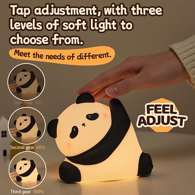 Panda Night Light for Kids, Cute LED Squishy Nursery Night Light 3 Level Dimmable Lamp, Silicone Animal Nightlight USB Charging Port Bedside Table Lamp for Toddler Baby Kids Funny Gifts Bedroom Decor
