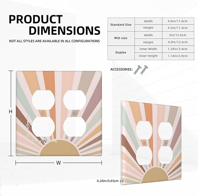Boho Sun Rainbow Retro Aesthetic Abstract Art Sunrise Sunset Outlet Covers 2 Gang Double Duplex Decorative Light Switch Covers Electrical Wallplates Socket Faceplate for Kids Room Bedroom Decor