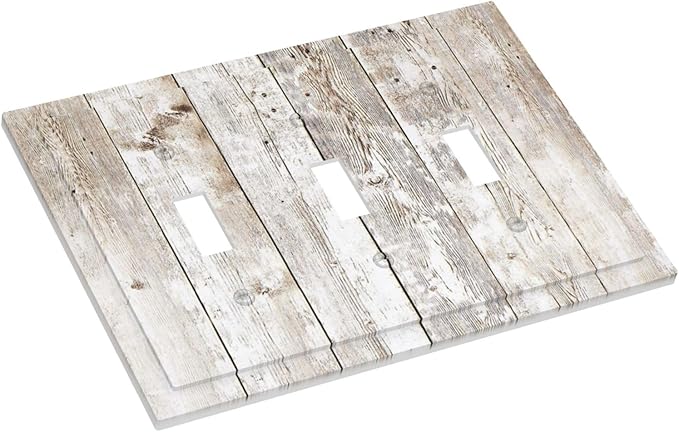 Vintage Light Wood Retro Rustic White Gray Oak Print Decorative Switch Plates 3 Gang Wall Plate Triple Toggle Light Switch Cover Faceplate Electrical Wall Panels for Farmhouse Home Decor