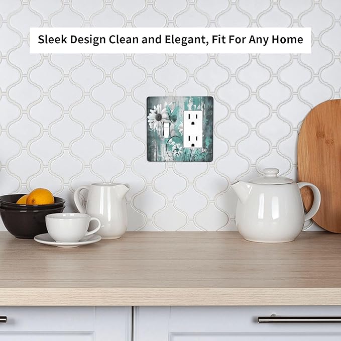 Outlet Covers Teal Daisy Floral Vintage Wood Plank 1 Toggle 1 Rocker Combination Decorative Wall Plate Electrical Switch Plates Light Switch Cover Plate For Farmhouse Cabin Decor