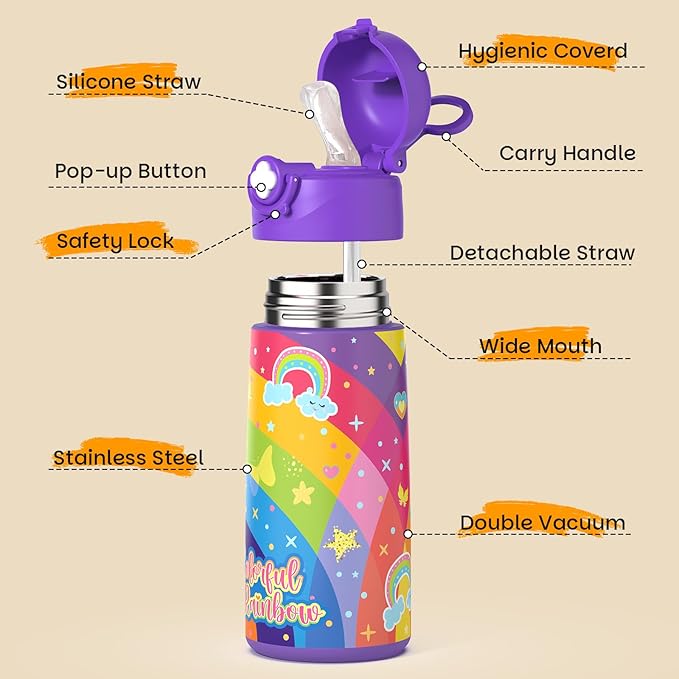 Girls Insulated Water Bottle with Covered Pop-Up Straw,16 oz Kids Cups with Stainless Steel Leak Proof for School（Rainbow-Pink）