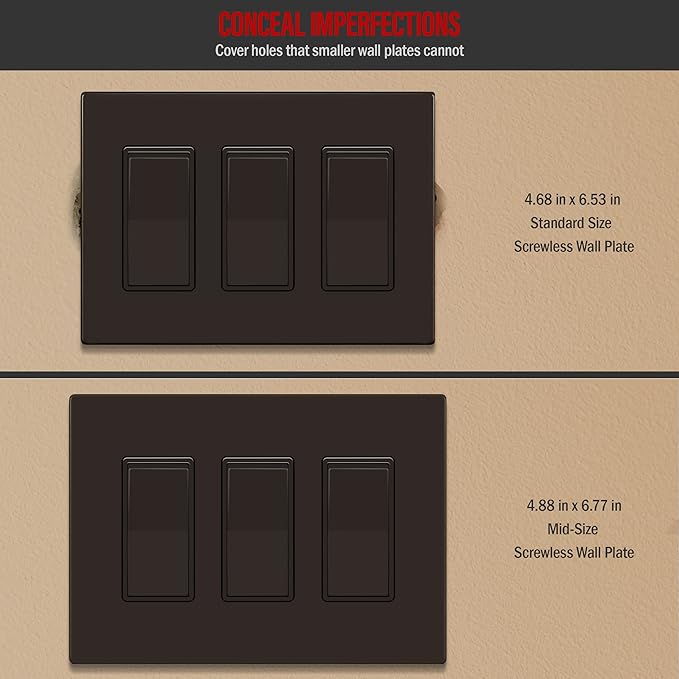 ENERLITES Screwless Decorator Wall Plates Child Safe Outlet Covers, Gloss Finish, Medium Size 3-Gang 4.88" H x 6.77" L, Unbreakable Polycarbonate Thermoplastic, SI8833M-BR, Brown