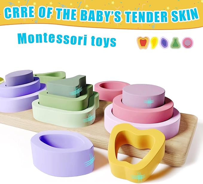 Symdiro Montessori Toys for 1 2 3 Year Old Boys Girls - Wooden Sorting & Stacking Toys for Kids - Toddler Toys Age 1-3 - Shape Sorter and Color Stacker Preschool Kids Gifts