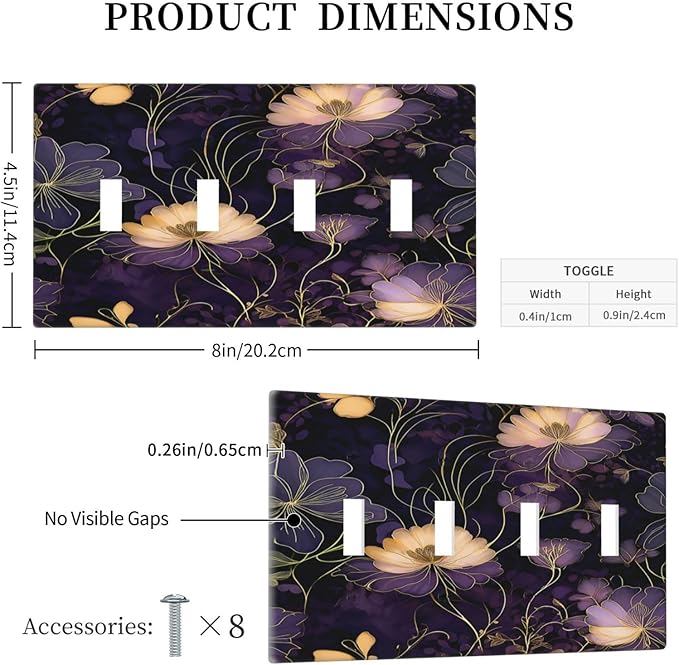 Modern Boho Vintage Gold Purple Dark Floral Modern Abstract Flowers Light Switch Covers Quad Toggle 4 Gang Wall Plate Decorative Switch Plates Electrical Faceplate for Bedroom Living Room Decor