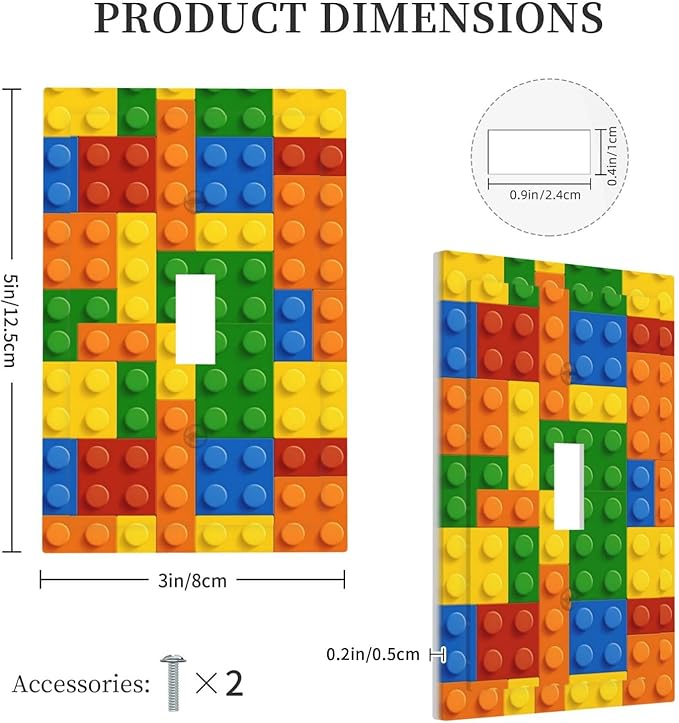 Building Blocks Theme Colored Bricks Print Decorative Light Switch Cover 1 Gang Single Toggle Device Electrical Faceplate Switchplates Decorator Outlet Wall Plate for Room Office Home Decor