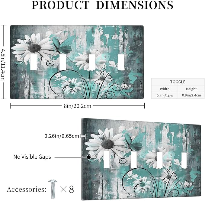 Light Switch Covers Teal Daisy Floral Vintage Wood Plank Quad Toggle Electrical Faceplate 4 Gang Wall Plate Decorative Switch Plates For Farmhouse Cabin Decor