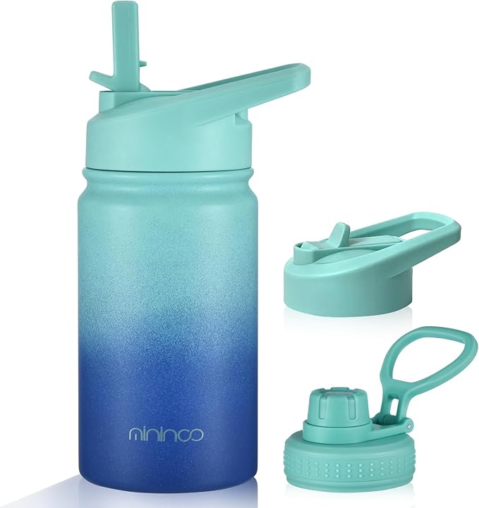 Mininoo Insulated Kids Water Bottle, 12 oz Stainless Steel Water Bottle Kids with Straw Lid and Chug Lid for Girls, Boys (Sky/Blue)