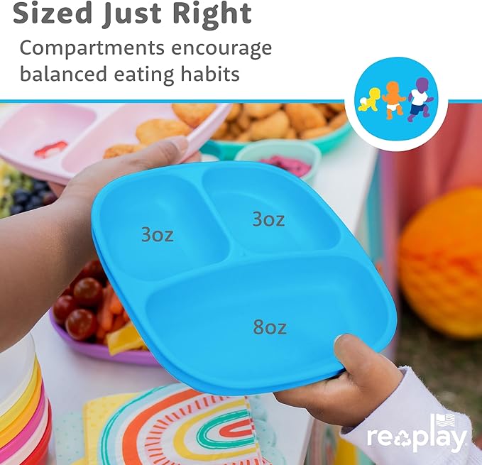 Re-play 3x3 Divided Toddler Plates and Utensils Set - Toddler Forks and Spoons Set - Dishwasher and Microwave Safe - Made in USA - True Blue