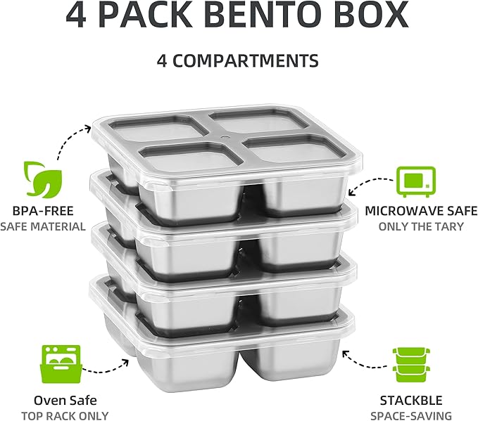BEFOY 4 Pack Stainless Steel Snack Containers with Lids 4 Compartment Food Storage Containers for Adults & Kids Meal Prep Containers Reusablele (Gray, 4)