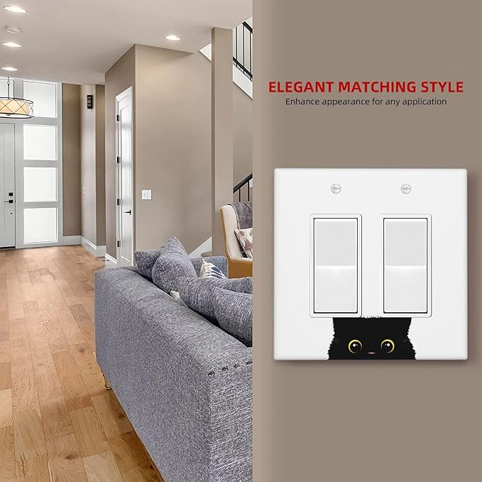 Cute Cat Black Double Gang Rocker Decorative Light Switch Cover, 2-Gang Wall Plate Outlet Cover