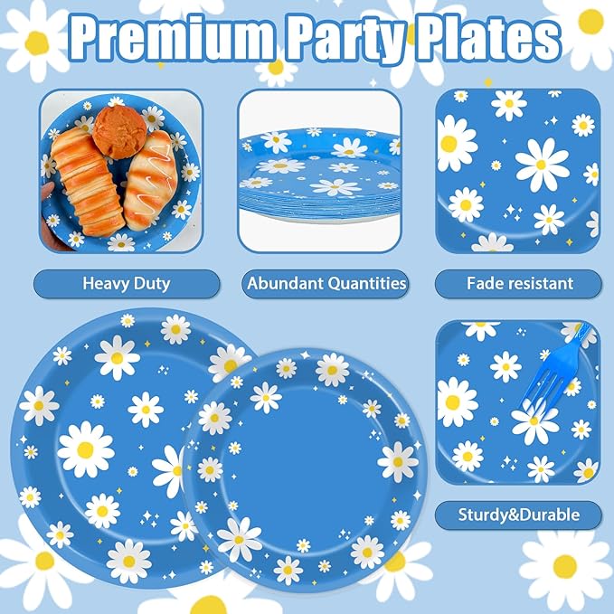Justforjoyful 96Pcs Daisy Birthday Party Supplies Groovy Flower Paper Plates and Napkins Spring Floral Disposable Dinner Dessert Tableware Set for Blue Baby Shower Birthday Party Decorations Serve 24