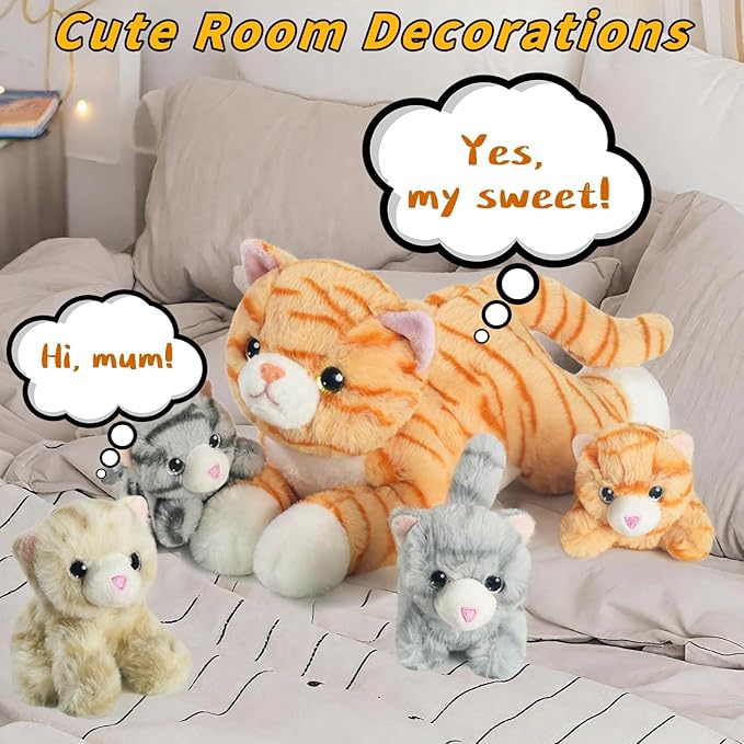5 Pieces Cat Stuffed Animal with Babies, 1 Mommy Orange Cat Plush Toy Stuffed Cat with 4 Babies Plush Kittens, Stuffed Kitty Plush Toys for Kids Girls Boys Birthday Christmas Plush Gifts
