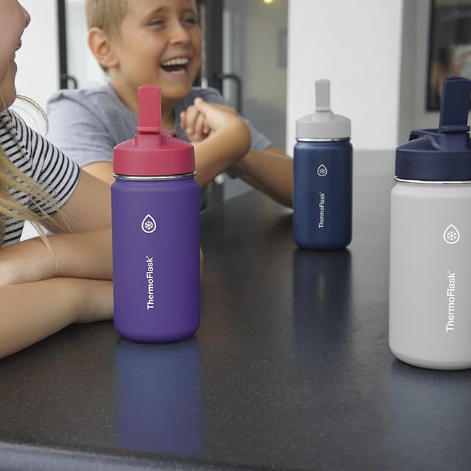 ThermoFlask Kids 14 oz Insulated Water Bottles with Straw Lid BPA-Free Stainless Steel Leakproof & Spill-Proof Design Easy Clean Wide Mouth 2-Pack for School, Sports, Playdates, Harbor Grey/Denim