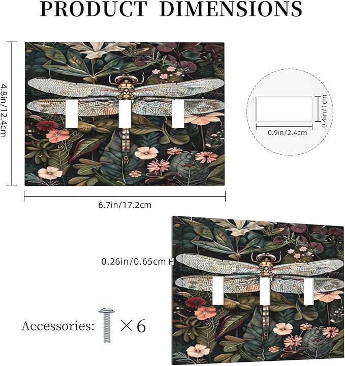 Vintage Dark Green Dragonfly Flowers Floral Botanical Decorative Switch Plates 3 Gang Wall Plate Triple Toggle Light Switch Cover Faceplate Electrical Wall Panels for Farmhouse Home Decor