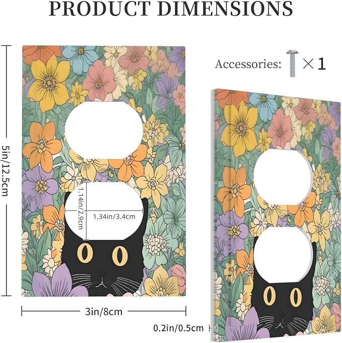 Outlet Covers Funny Cute Cartoon Cat Floral Colorful Flower 1 Gang Duplex Light Switch Cover Decorative Switch Plates Electrical Receptacle Faceplate Wall Plate For Kids Room Nursery