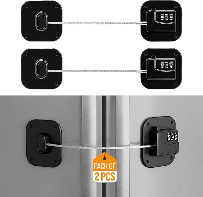 Fridge Lock, 2 PCS Refrigerator Lock for Freezer,Cabinets and Drawers,Air Fryer,Doors,Combination Code,Heavy Duty with Adhesive Backing, Easy Install,No Keys Needed Black