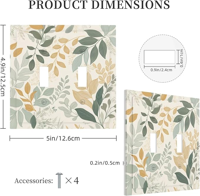 Boho Watercolor Leaves 2 Gang Light Switch Cover Green Botanical Double Toggle Wall Plate Decorative Electrical Switchplate Covers for Country Bedroom Kitchen Home Living Room Decor