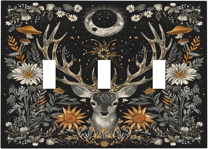 Light Switch Cover Plate Vintage Deer Flowers Moon Natural Plants Floral 3 Gang Triple Toggle Decorative Switch Plates Wall Plates Electrical Switchplate Faceplate for Bathroom Bedroom Decor