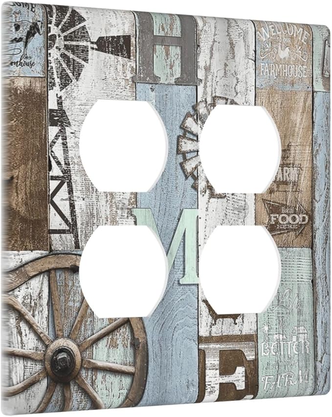 Rustic Western Barn Door Vintage Windmill Outlet Covers 2 Gang Double Duplex Decorative Light Switch Covers Electrical Wallplates Socket Faceplate for Farmhouse Home Decor