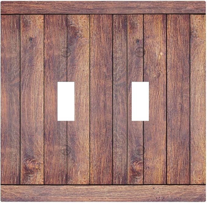 Decorative Switch Plate Cover with Wood Texture Rustic Vertical Planks Brown Design 2 Gang Wall Plate Unique Double Toggle Double Light Switch Covers Vintage Aesthetic Kitchen/Bedroom Decor