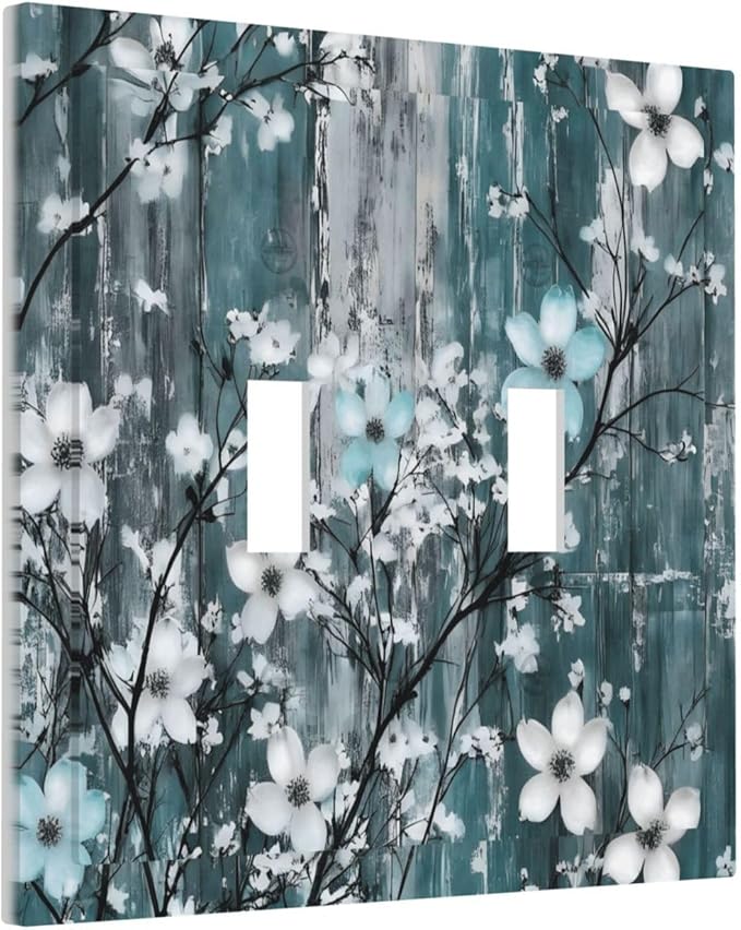 Rustic Blue Watercolor Flower Wooden Background Decorative Switch Plates 2 Gang Double Toggle Outlet Light Switch Cover Wall Plate Electrical Faceplate for Bedroom Living Room Decor