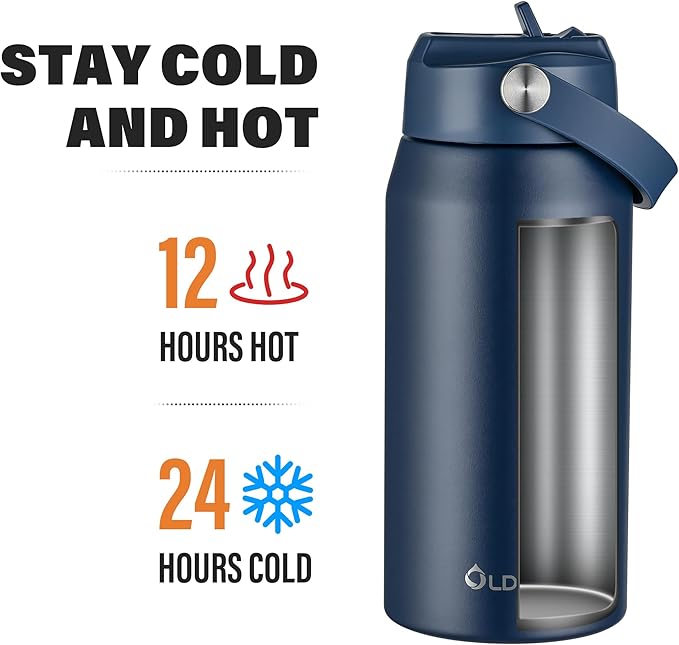 Oldley 18oz Insulated Water Bottle with Straw, Stainless Steel Water Bottle for Sports, Travel, School, BPA-Free Sports Bottles for Adult Kids, Leak-Proof, Navy Blue