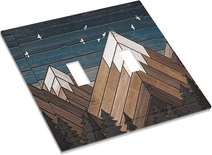 Rustic Geometric Mountain Wilderness Wood 2 Gang Light Switch Cover Plate Double Toggle Wall Plate Decorative Outlet Cover Electrical Faceplate Switchplate for Bedroom Bathroom Kitchen Decor