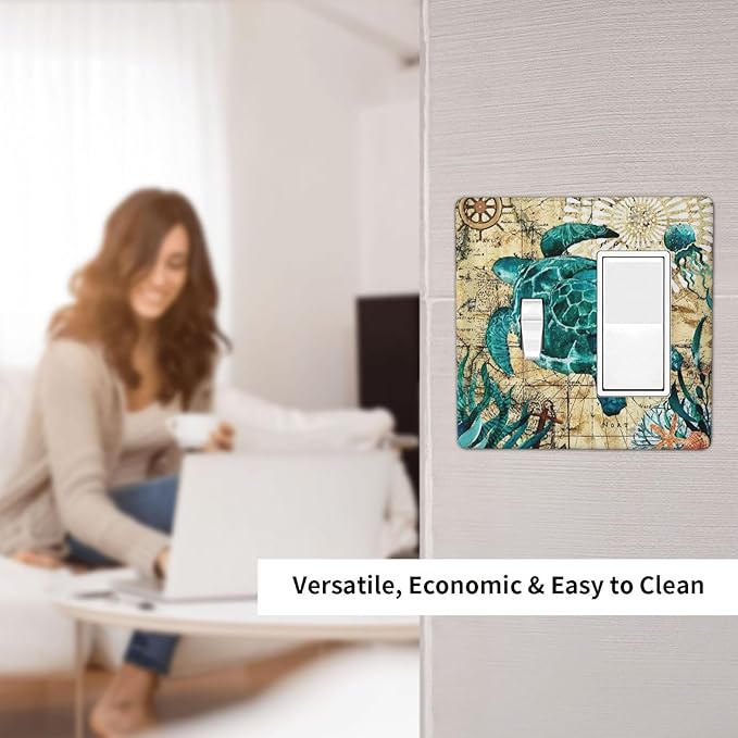 2-Gang 1-Toggle 1-Decora/GFCI Device Combination Funny Classic Sea Blue Turtle Beach Nautical Ocean Themed Teal World Map Tortoise Coastal Wall Plate Combo Toggle Decorator Outlet Light Switch Cover