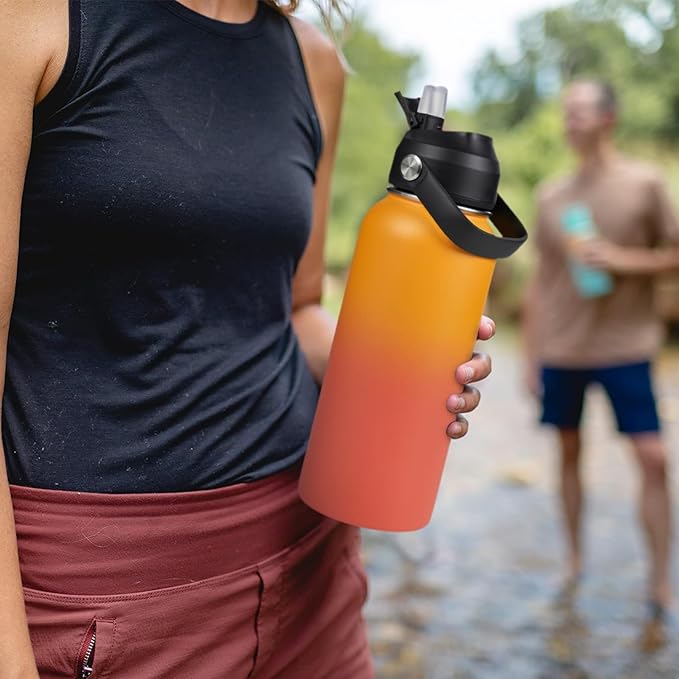 Fijinhom 32oz Insulated Stainless Steel Water Bottle, Wide Mouth Double Wall Vacuum, Silicone Straw, Sweat & Leak Proof, BPA Free Insulated Water Flask for Travel, Keep Cold 24h Hot 12h, Orange