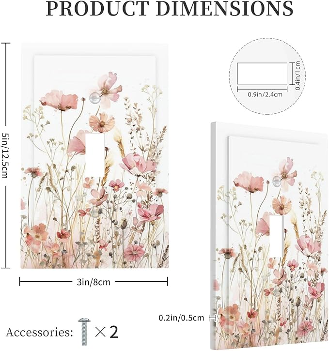 Boho Floral Watercolor Pink Wildflower Butterfly Decorative Light Switch Cover 1 Gang Single Toggle Device Electrical Faceplate Switchplates Decorator Outlet Wall Plate for Bedroom Living Room Decor