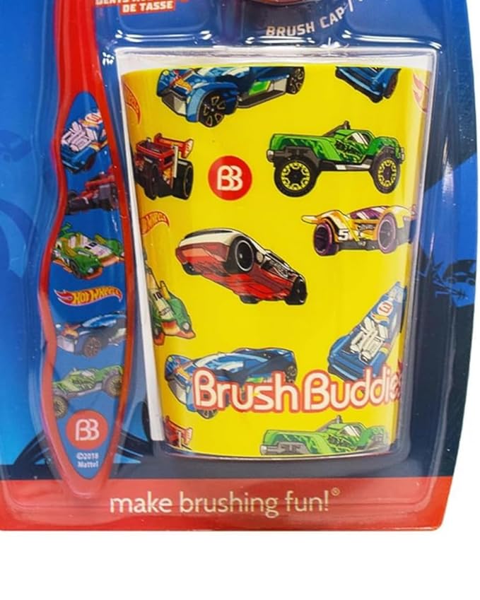 Brush Buddies Hot Wheels Kids Toothbrushes Kit Manual Toothbrushes for Kids Toddler Toothbrush 2 + Years Travel Toothbrush Kit with Cover and Cup 3PC Soft Bristles Small Head Easy Grip Handles