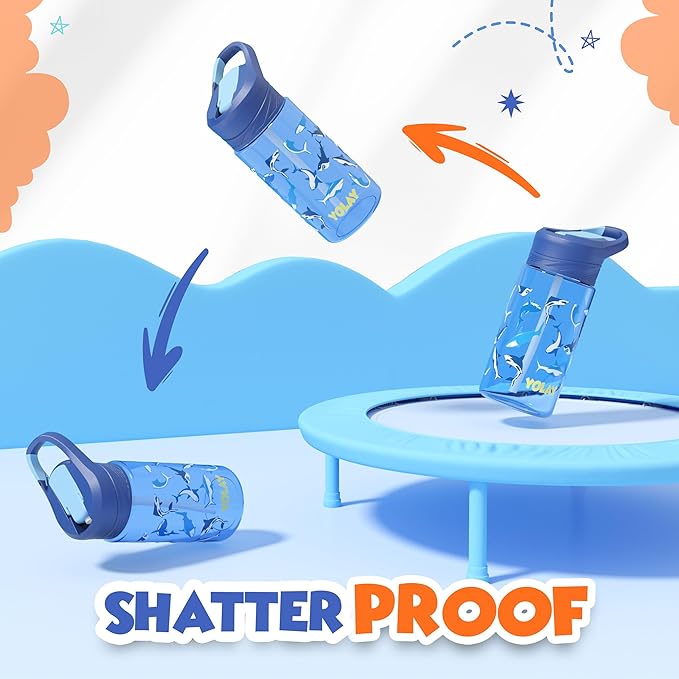 YOLAY 15oz Kids Water Bottle For School Boys and Girls, Durable Toddler Water Bottle with Straw Lid Leak-Proof, Spill Proof, Easy Clean and Dishwasher Safe with Re-Usable and BPA Free - Shark
