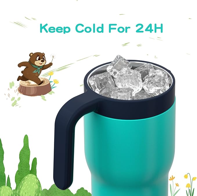 OISIZ 14oz Kids Tumbler with Straw Lid & Handle,Kids Cup with Animal Accessory for School,Kids Water Bottles with Dust-proof Cover,Leakproof Bottles,316 Stainless Steel,Keep Cold 24 Hours-dark green