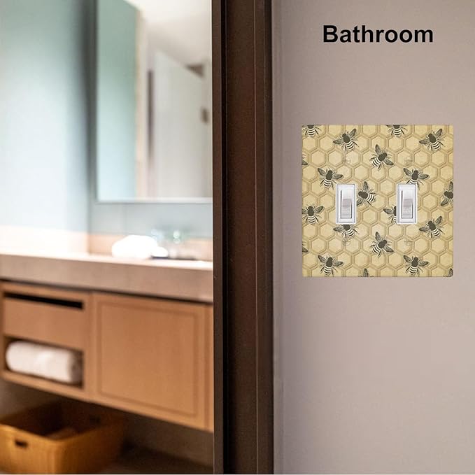 Honey Bee Honeycomb 2-Gang Double Toggle Switch Plate, Vintage Bee Wall Plate for Home, Office, Sunroom & Kitchen