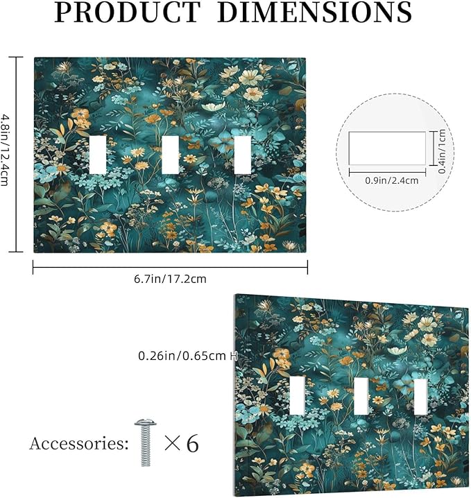 Decorative Switch Plates Green Leaf Floral Boho Golden Flower Plant 3 Gang Wall Plate Triple Toggle Light Switch Cover Faceplate Electrical Wall Panels For Bed Room Cabin Decor