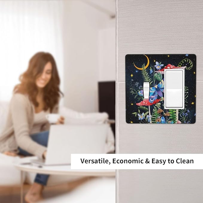 Boho Butterfly Mushrooms Snail 2-Gang 1-Toggle 1-Decorator/GFCI Device Combination Wallplate Starry Moon Night Stars Botanical Moth Dual Combo Toggle Receptacle Outlet Light Switch Cover Face Plate