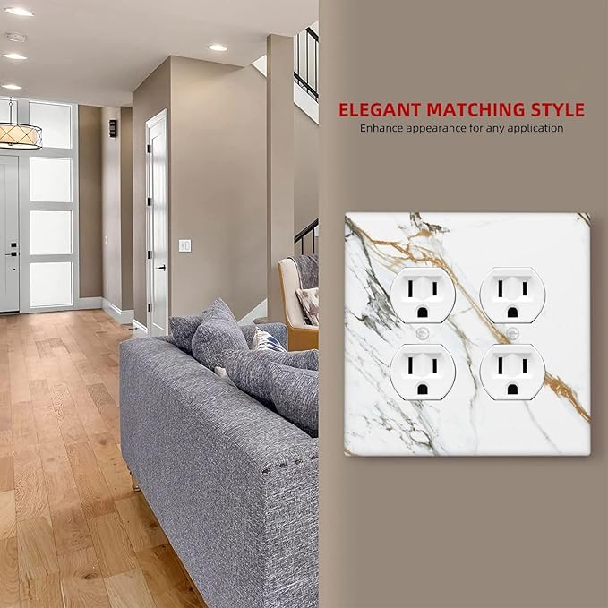 White Gold Marble Modern Abstract Luxury Print Outlet Covers 2 Gang Double Duplex Decorative Light Switch Covers Electrical Wallplates Socket Faceplate for Bathroom Kitchen Decor
