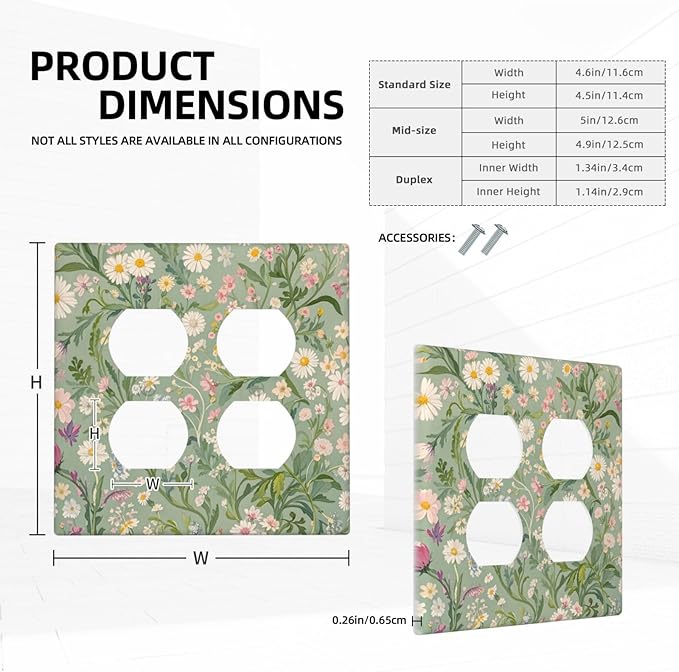 Decorative Outlet Covers with Vintage Wildflowers & Daisies on Light Green Background Design 2 Gang Wall Plate Double Duplex Receptacle Light Switch Cover Switch Plate Cover