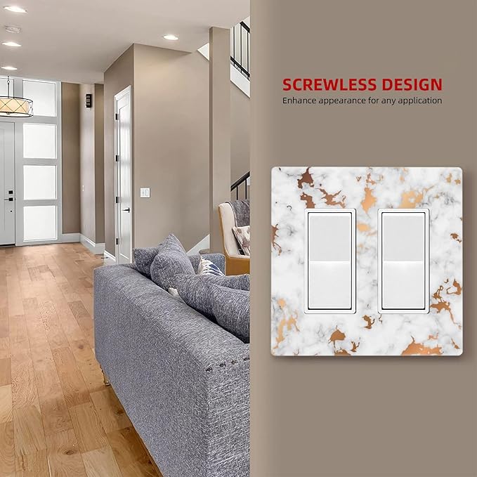 Lexury White Red Golden Marble 2 Gang Double Rocker/Decora Light Switch Cover Decorative Outlet Wall Plate Electrical Faceplate Home Family Art Decor Screwless